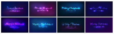 Merry Christmas and Happy New Year neon inscription. Set of eight abstract neon backgrounds with lights for Christmas holiday greeting card, flyers or posters. Vector illustrationのイラスト素材
