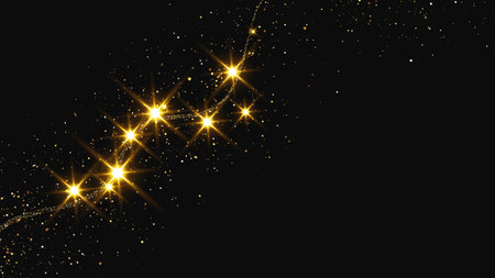 Gold glittering confetti wave and stardust. Backdrop with golden magical sparkles on dark background. Vector illustrationのイラスト素材