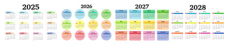 Set of four vertical calendars for 2025, 2026, 2027 and 2028 isolated on a white background. Sunday...