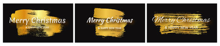 Merry Christmas and Happy New Year white inscription with shadow on gold smear. Set of three abstract backdrops for Christmas holiday greeting card, flyers or posters. Vector illustrationのイラスト素材