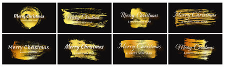 Merry Christmas and Happy New Year white inscription with shadow on gold smear. Set of eight abstract backdrops for Christmas holiday greeting card, flyers or posters. Vector illustrationのイラスト素材
