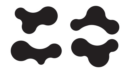 Set of four abstract metaball shapes with connected dots and morphing blobs. Geometric vector icons with fluid, organic metaball forms. Ideal for labels, posters, stickers, templates or scientific visualizations. Vector illustrationのイラスト素材