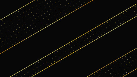Luxurious dark background with abstract golden lines and glittering dots. Gold halftone backdrop...