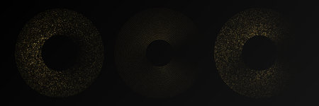 Abstract gold glowing halftone dotted background. Set of three gold glitter patterns in circle form....