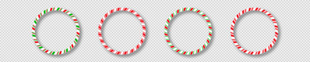 Set of four Christmas candy canes round frames with red, green and white stripes. Perfect for holiday cards, banners, or festive templates. Vector illustrationのイラスト素材