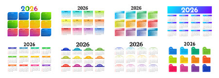Set of eight calendars for 2026 isolated on a white background. Sunday to Monday, business template. Vector illustrationのイラスト素材