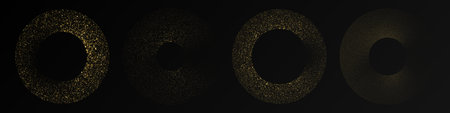 Abstract gold glowing halftone dotted background. Set of four gold glitter patterns in circle form....