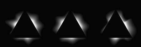 Set of triangle illuminated frames with gradient. Three white neon banners isolated on black...