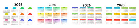 Set of four calendars for 2026 isolated on a white background. Sunday to Monday, business template. Vector illustrationのイラスト素材
