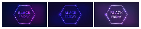 Set of three Black Friday inscription in neon hexagon frame with shining effects. Vector illustrationのイラスト素材