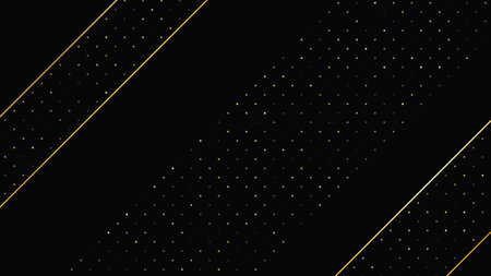 Luxurious dark background with abstract golden lines and glittering dots. Gold halftone backdrop with shimmering sparkles. A stylish and elegant design for modern templates. Vector illustrationのイラスト素材