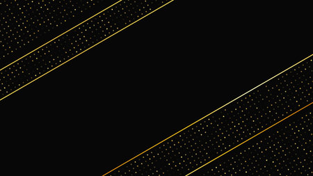 Luxurious dark background with abstract golden lines and glittering dots. Gold halftone backdrop with shimmering sparkles. A stylish and elegant design for modern templates. Vector illustrationのイラスト素材