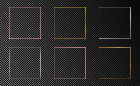Set of six gold, silver and rose gold glowing square frames isolated on dark transparent background. Shiny frame with glowing effects. Vector illustrationのイラスト素材