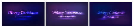 Merry Christmas and Happy New Year neon inscription. Set of three abstract neon backgrounds with lights for Christmas holiday greeting card, flyers or posters. Vector illustrationのイラスト素材