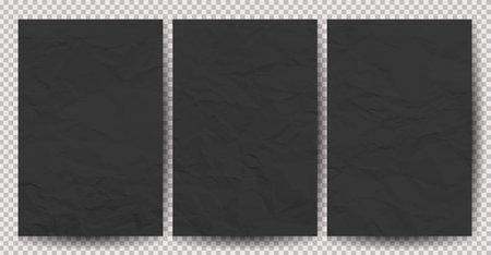 Set of black clean crumpled papers on transparent background. Crumpled empty sheets of paper with shadow for posters and banners. Vector illustrationのイラスト素材