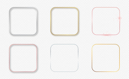 Set of six gold, silver and rose gold glowing rounded square frames isolated on transparent background. Shiny frame with glowing effects. Vector illustrationのイラスト素材