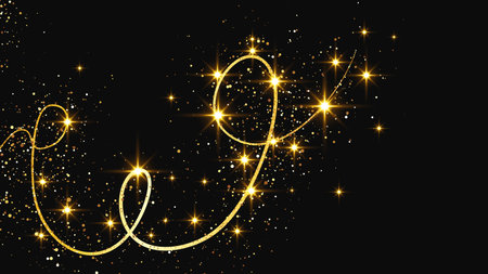 Gold glittering confetti wave and stardust. Backdrop with golden magical sparkles on dark background. Vector illustrationのイラスト素材