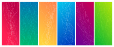 Set of six abstract gradient backgrounds with motion blurred white curves. Header banner. Bright abstract presentation backdrop. Vector illustrationのイラスト素材