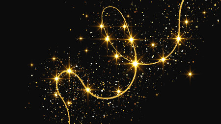 Gold glittering confetti wave and stardust. Backdrop with golden magical sparkles on dark background. Vector illustrationのイラスト素材