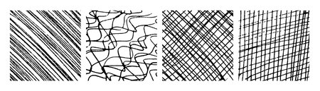 Set of four monochrome hand-drawn crosshatch textures. Grunge and sketch backgrounds with freehand lines, scribbles, smears, and sketch-style patterns. Vector illustrationのイラスト素材