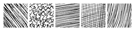 Set of five monochrome hand-drawn crosshatch textures. Grunge and sketch backgrounds with freehand lines, scribbles, smears, and sketch-style patterns. Vector illustrationのイラスト素材