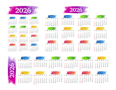 Set of three calendars for 2026 in different forms isolated on a white background. Sunday to Monday, business template. Vector illustrationのイラスト素材