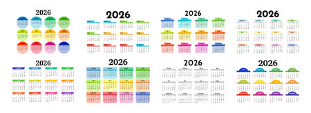 Set of eight calendars for 2026 isolated on a white background. Sunday to Monday, business template. Vector illustrationのイラスト素材