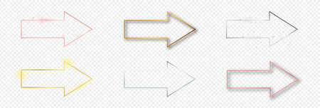 Set of six gold, silver and rose gold glowing arrow shape frames isolated on transparent background. Shiny frame with glowing effects. Vector illustrationのイラスト素材