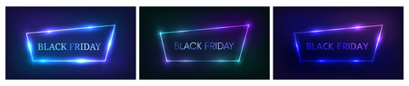 Set of three Black Friday inscription in neon frame with shining effects. Vector illustrationのイラスト素材
