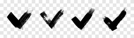 Set of four black grunge brushstrokes in the shape of a check mark. Hand-drawn painted smear on transparent background. Vector illustrationのイラスト素材