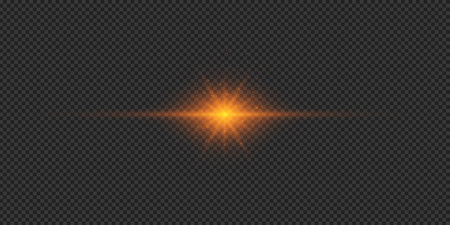 Light effect of lens flares. Orange horizontal glowing light starburst effect with sparkles on a gray transparent background. Vector illustrationのイラスト素材