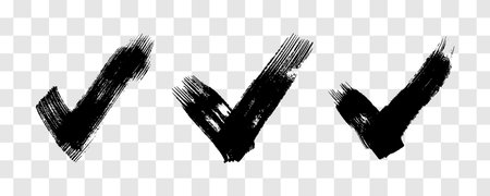 Set of three black grunge brushstrokes in the shape of a check mark. Hand-drawn painted smear on transparent background. Vector illustrationのイラスト素材
