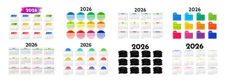 Set of eight calendars for 2026 isolated on a white background. Sunday to Monday, business template. Vector illustrationのイラスト素材