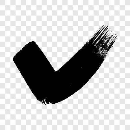 Black grunge brushstroke in the shape of a check mark. Hand-drawn painted smear on transparent background. Vector illustrationのイラスト素材