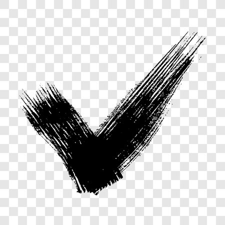Black grunge brushstroke in the shape of a check mark. Hand-drawn painted smear on transparent background. Vector illustrationのイラスト素材