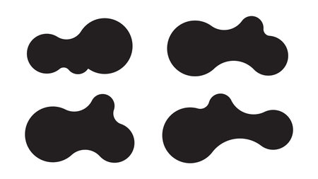 Set of four abstract metaball shapes with connected dots and morphing blobs. Geometric vector icons with fluid, organic metaball forms. Vector illustrationのイラスト素材