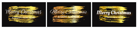 Merry Christmas and Happy New Year white inscription with shadow on gold smear. Set of three abstract backdrops for Christmas holiday greeting card, flyers or posters. Vector illustrationのイラスト素材