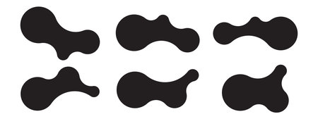 Set of six abstract metaball shapes with connected dots and morphing blobs. Geometric vector icons with fluid, organic metaball forms. Vector illustrationのイラスト素材