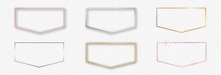 Set of six gold, silver and rose gold glowing frames isolated on transparent background. Shiny frame with glowing effects. Vector illustrationのイラスト素材