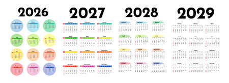 Set of four vertical calendars for 2026, 2027, 2028 and 2029 isolated on a white background. Sunday to Monday, business template. Vector illustrationのイラスト素材