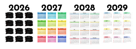 Set of four vertical calendars for 2026, 2027, 2028 and 2029 isolated on a white background. Sunday to Monday, business template. Vector illustrationのイラスト素材
