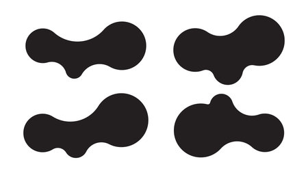 Set of four abstract metaball shapes with connected dots and morphing blobs. Geometric vector icons with fluid, organic metaball forms. Vector illustrationのイラスト素材