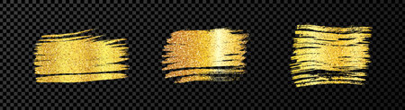 Set of three gold brush strokes. Hand drawn ink spots isolated on dark transparent background. Vector illustrationのイラスト素材