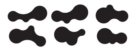 Set of six abstract metaball shapes with connected dots and morphing blobs. Geometric vector icons with fluid, organic metaball forms. Vector illustrationのイラスト素材