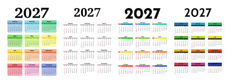 Set of four vertical calendars for 2027 isolated on a white background. Sunday to Monday, business template. Vector illustrationのイラスト素材