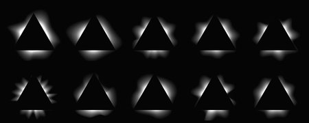 Big set of triangle illuminated frames with gradient. Ten white neon banners isolated on black...