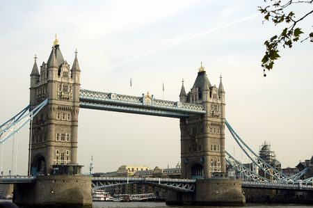 Famous Tower Bridge on a bright overcast day. Leaves giving the foreground prespective