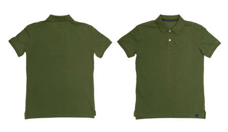 Vintage Dimmed Green color Polo Shirt with white background Men Front and back Polo Shirtの写真素材