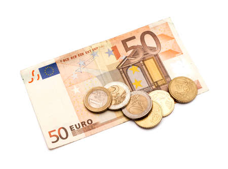 euro banknotes and coins isolated on white background