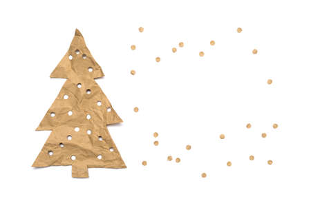 Christmas tree made of kraft paper on a white backgroundの写真素材